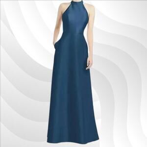 2/$50 Alfred Sung Dusk Blue Satin Twill Halter Dress D772 Size 4 | Elegant